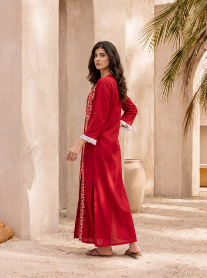 Red Long Slit Embroidered Dress