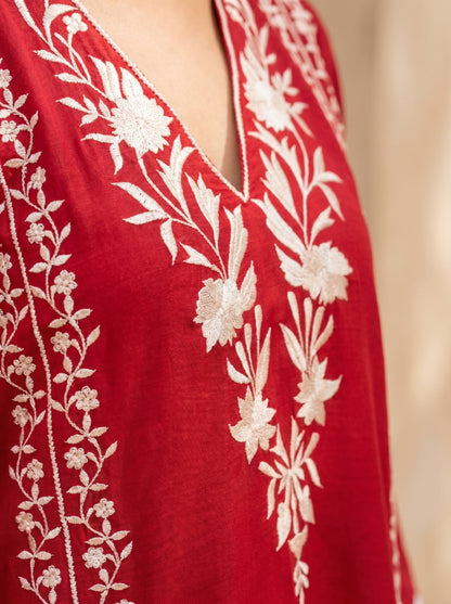 Red Long Slit Embroidered Dress