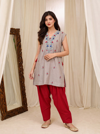 Grey and Red Embroidered Co-ord Set