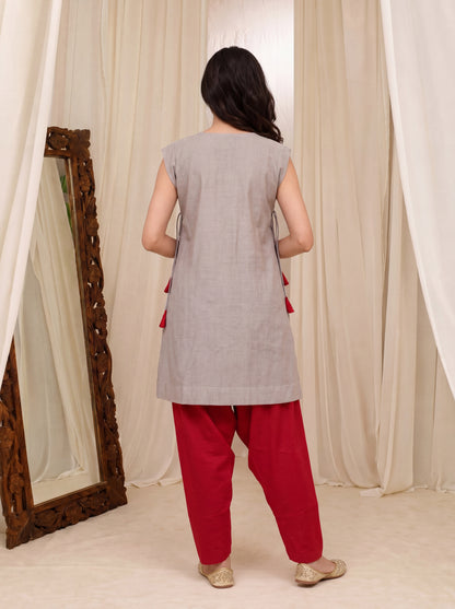 Grey and Red Embroidered Co-ord Set