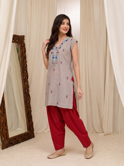 Grey and Red Embroidered Co-ord Set