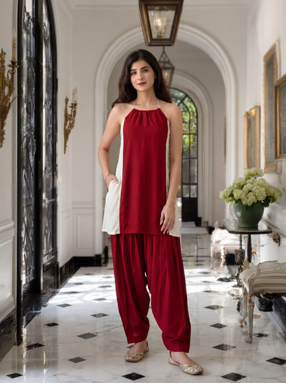 Red and off White co-ord Set with Pocket