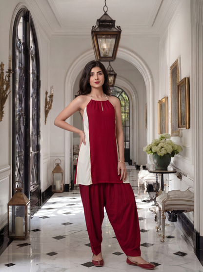 Red and off White co-ord Set with Pocket