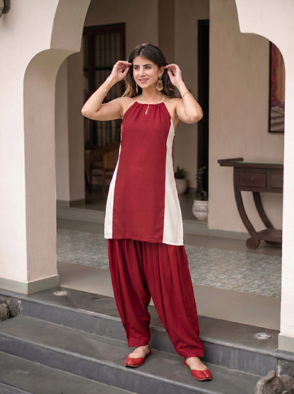 Red and off White co-ord Set with Pocket