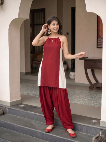 Red and off White co-ord Set with Pocket