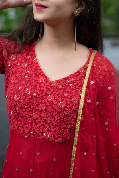 Red Thread Work Anarkali Set