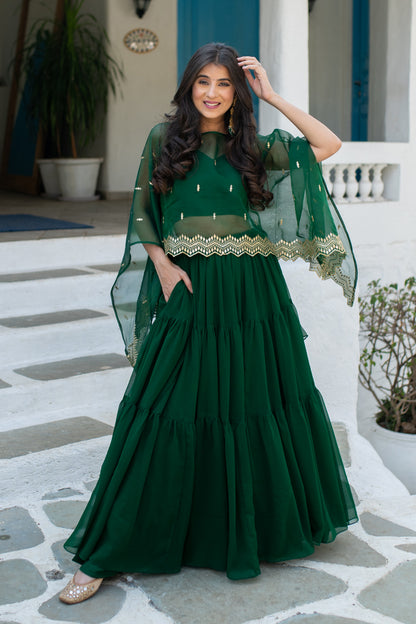 Bottle Green Cape Lehenga Choli