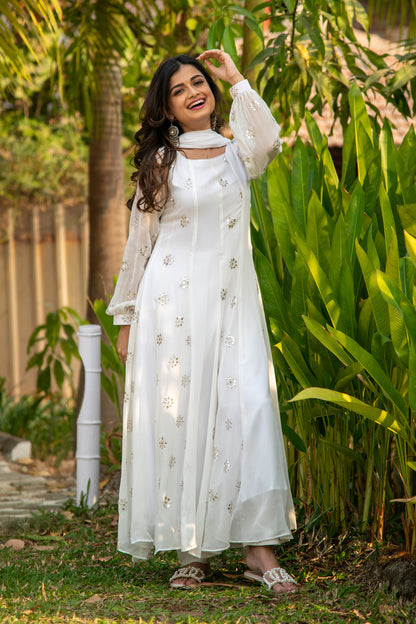 White Sequin Alternate Kali Anarkali Set