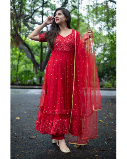Red Thread Work Anarkali Set