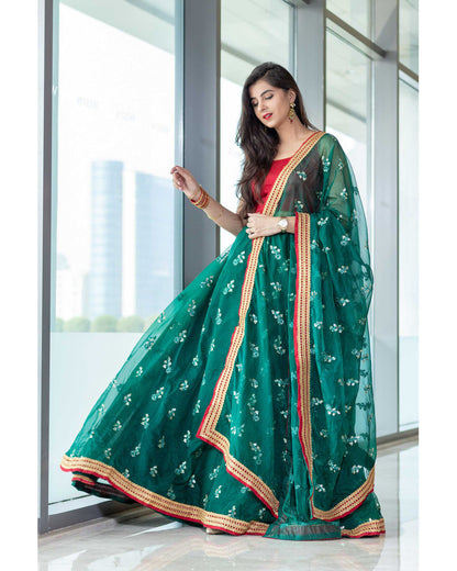 Bottle Green And Red Lehenga Set