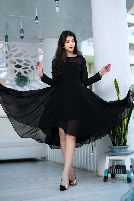 Black Flowy Knee Length Dress Buy Online Women's Fit Flare Solid