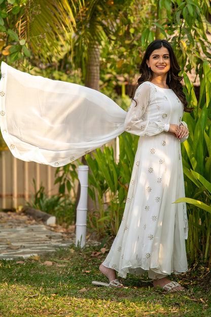 White Sequin Alternate Kali Anarkali Set