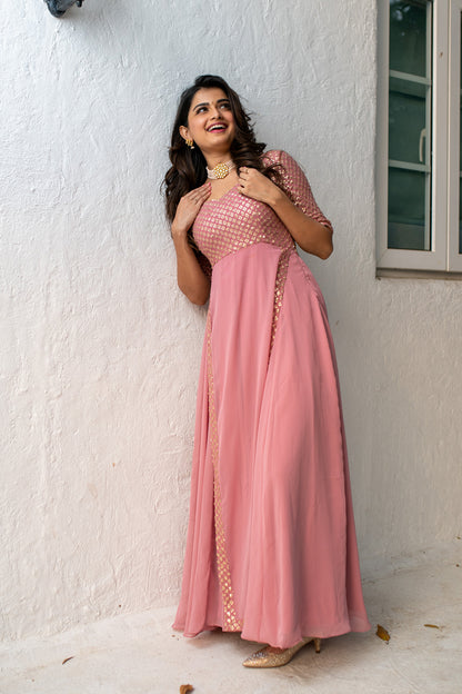 Dusty Pink Sequin Pannel Long Dress