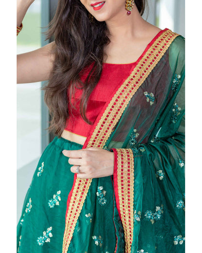 Bottle Green And Red Lehenga Set