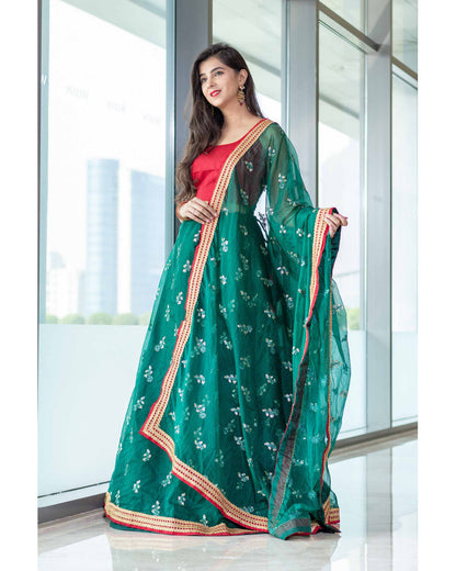 Bottle Green And Red Lehenga Set