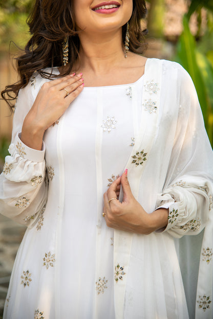 White Sequin Alternate Kali Anarkali Set