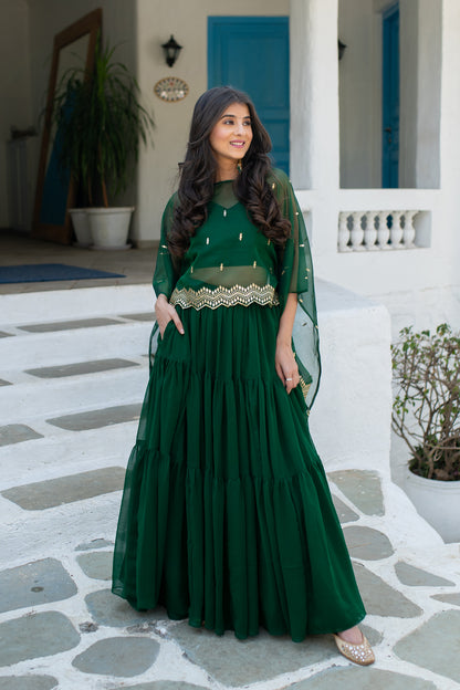 Bottle Green Cape Lehenga Choli