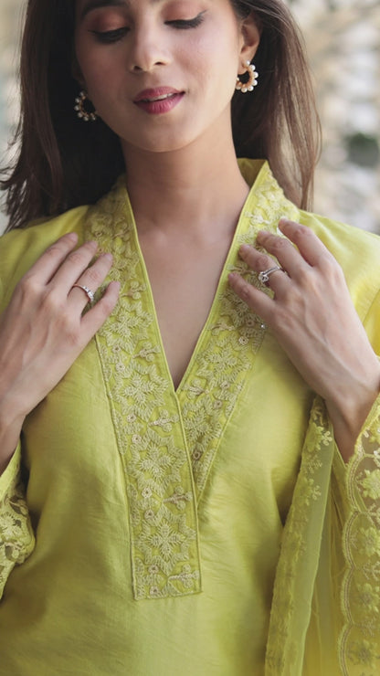 Lime Green Kurta With Lace Work