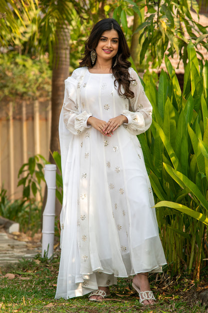 White Sequin Alternate Kali Anarkali Set