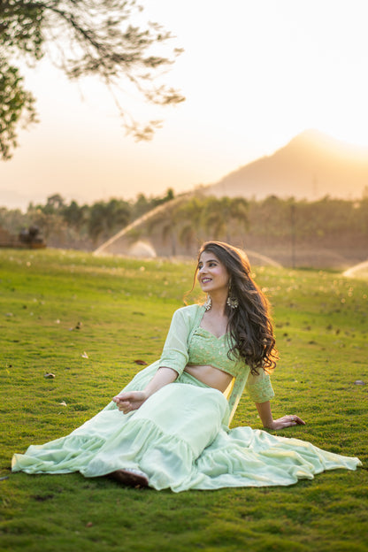 Pastel Olive Lehenga with Jacket