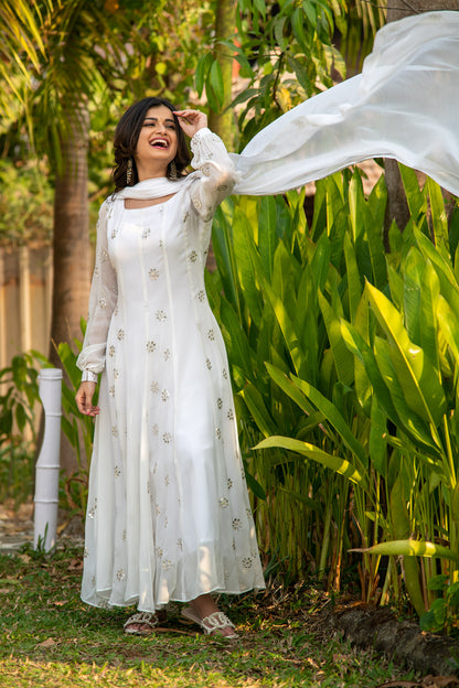 White Sequin Alternate Kali Anarkali Set