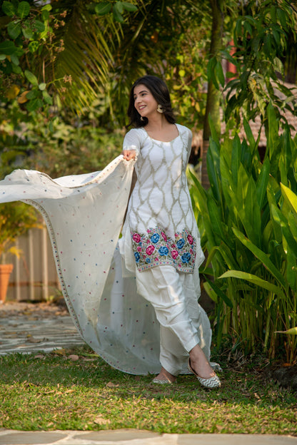 White Multi Color Thread Work Patiala Set