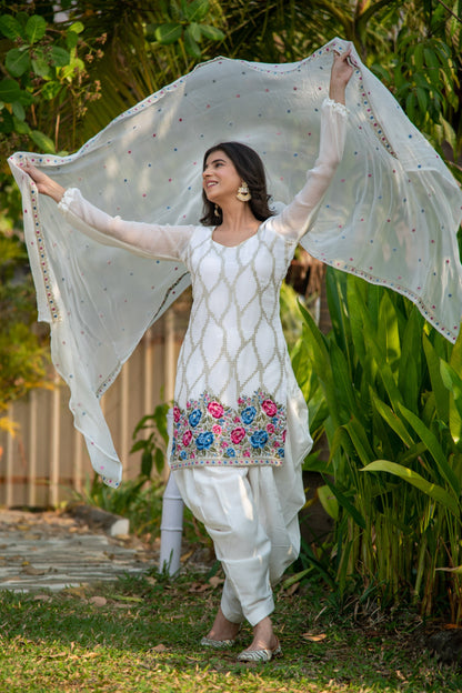 White Multi Color Thread Work Patiala Set