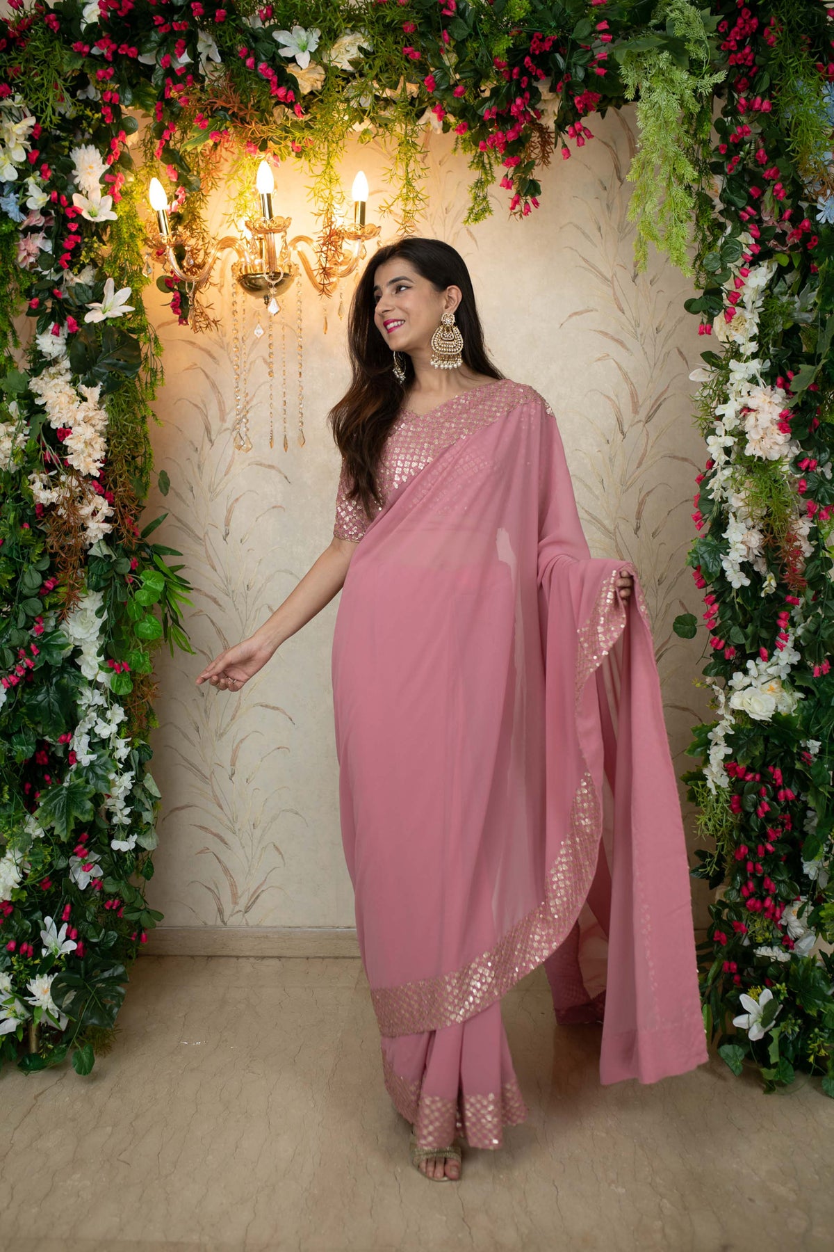 Buy Online In India  Dusty Pink Saree with Heavy Sequin Border