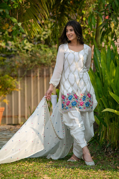 White Multi Color Thread Work Patiala Set