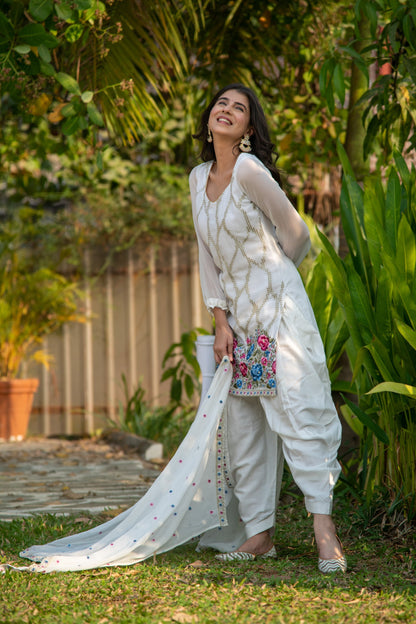 White Multi Color Thread Work Patiala Set