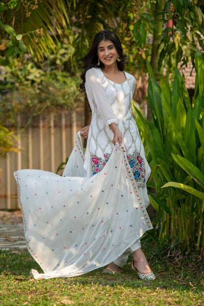 White Multi Color Thread Work Patiala Set