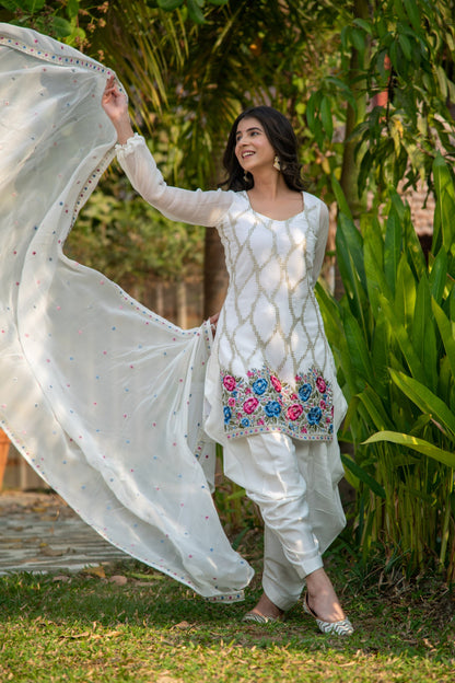White Multi Color Thread Work Patiala Set