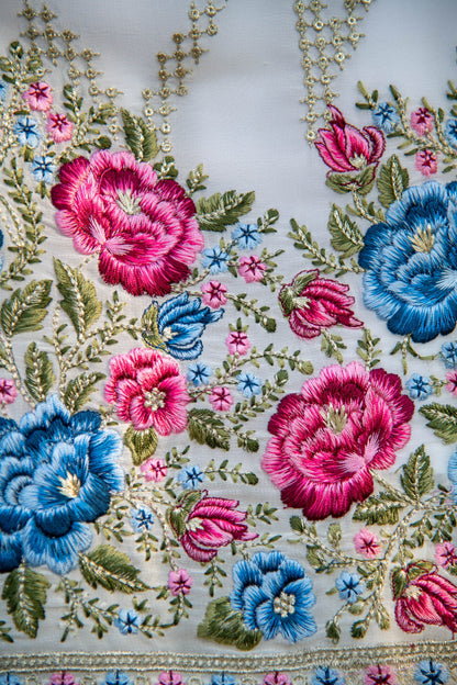 White Multi Color Thread Work Patiala Set