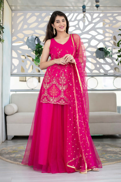Pink Georgette Heavy Work Kurta With Long Skirt And Net Dupatta