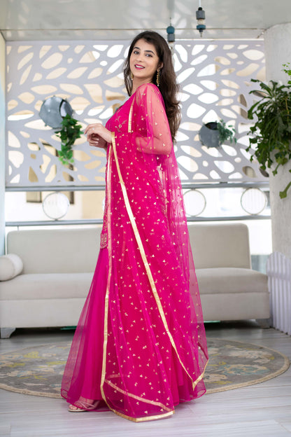 Pink Georgette Heavy Work Kurta With Long Skirt And Net Dupatta