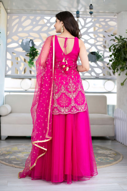 Pink Georgette Heavy Work Kurta With Long Skirt And Net Dupatta