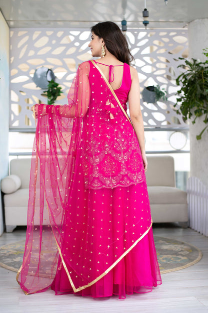 Pink Georgette Heavy Work Kurta With Long Skirt And Net Dupatta