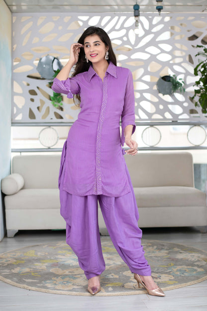 Lavender Georgette Thread Work Kurta With Patiala