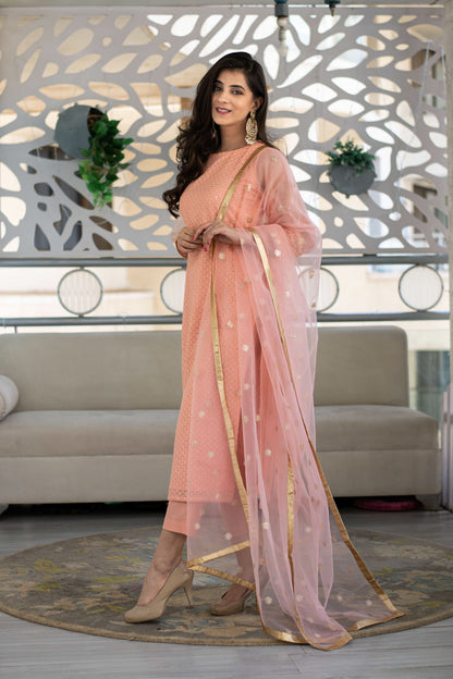 Peach Thread Work Kurta With Organza Sleeves