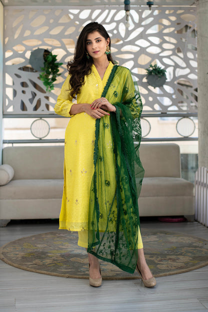 Yellow Kurta With Green Dupatta