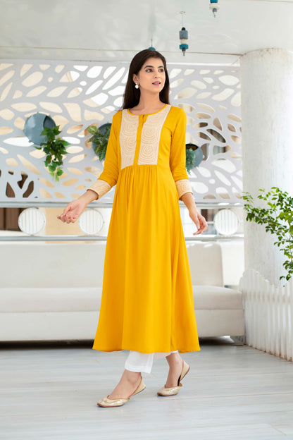 Yellow Long Kurta With Straight Pant Set