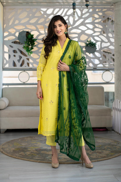 Yellow Kurta With Green Dupatta
