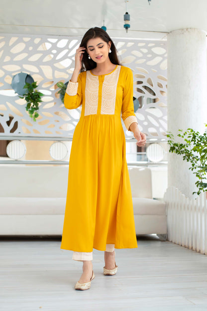 Yellow Long Kurta With Straight Pant Set