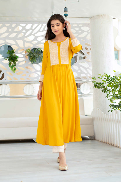 Yellow Long Kurta With Straight Pant Set