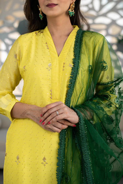 Yellow Kurta With Green Dupatta