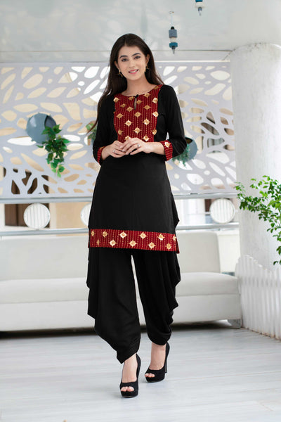Black Patiala Set With Red Neck Work
