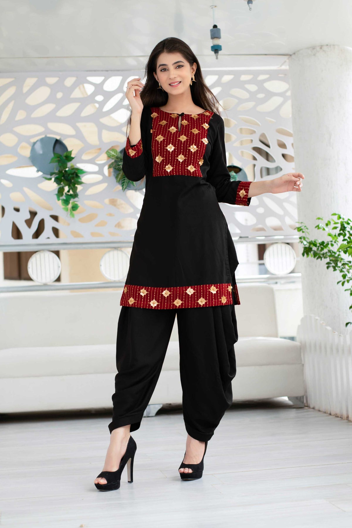 Patiala- Buy Black Patiala Set with Red Neck Work | Online in India ...