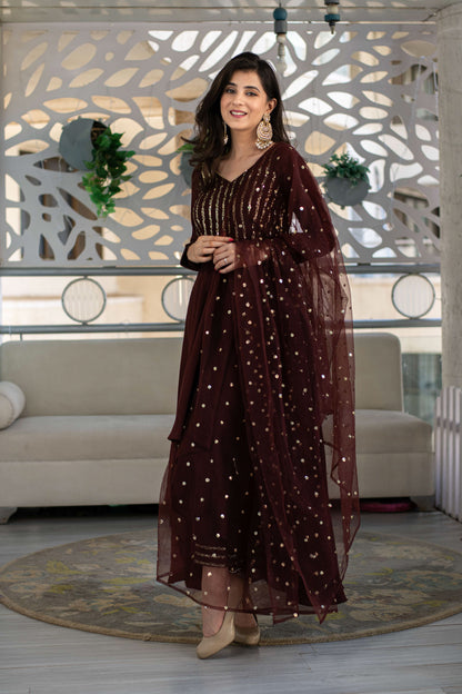 Brown High Low Anarkali Set
