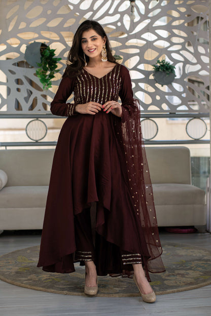 Brown High Low Anarkali Set