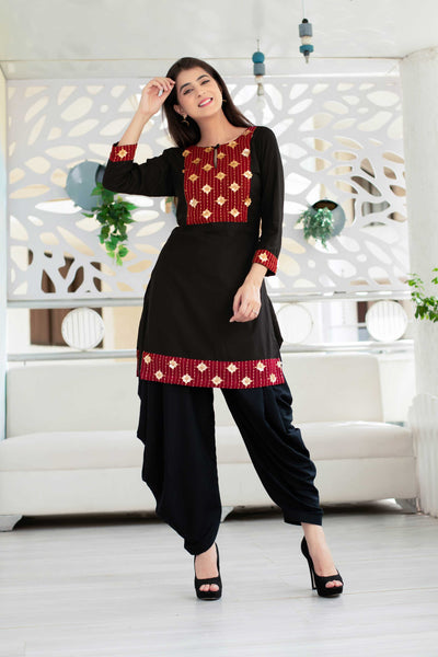 Black Patiala Set With Red Neck Work